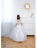 White Satin Tulle Flower Girl Dress With Removable Lace Train